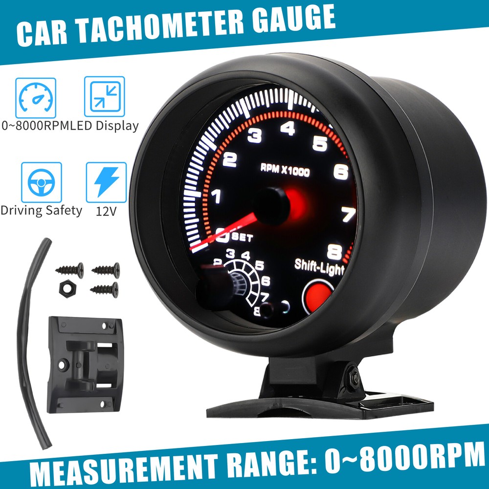 Universal Car Tachometer Gauge Tacho Meter with LED Shift Light 0-8000 RPM 3.75