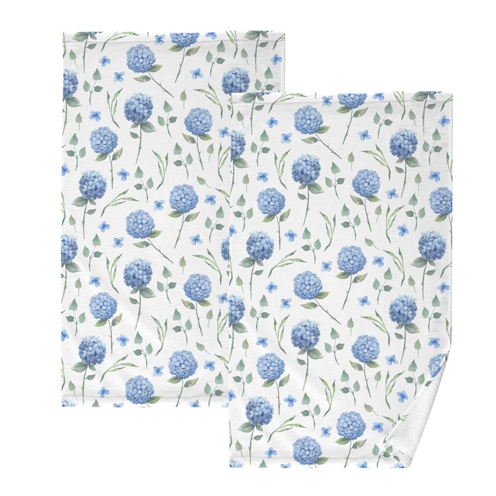 Cotton Hand Towels for Bathroom Set of 2 Blue Hydrangea Flowers Floral Absorb...
