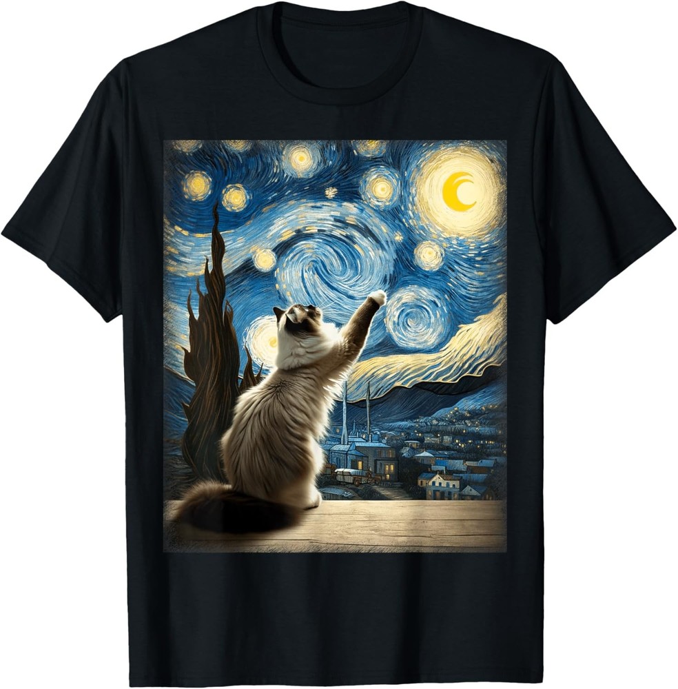 Van Gogh Starry Night Style Artistic Ragdoll Cat T-Shirt
