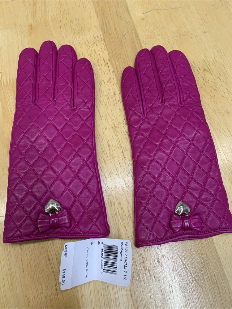 Coach Pink Quilted Leather Gloves with Bow Heart Charm Size 7.5