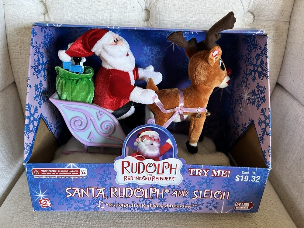 EXTREMELY RARE VINTAGE 2005 Rudolph The Red Nose Reindeer Santa Sleigh NIB