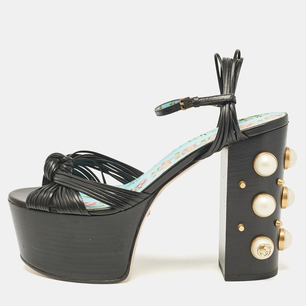 Gucci Black Leather Platform Sandals with Pearl and Stud Embellishments Size 39