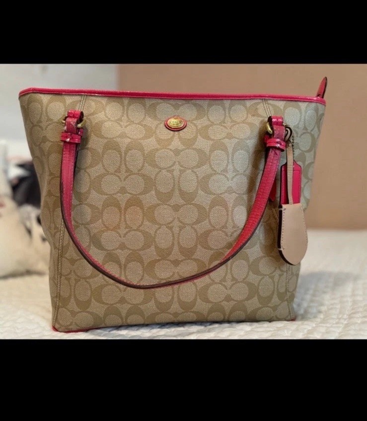 Coach Peyton Signature Tote in Coated Canvas & Pink Patent Leather #F27348