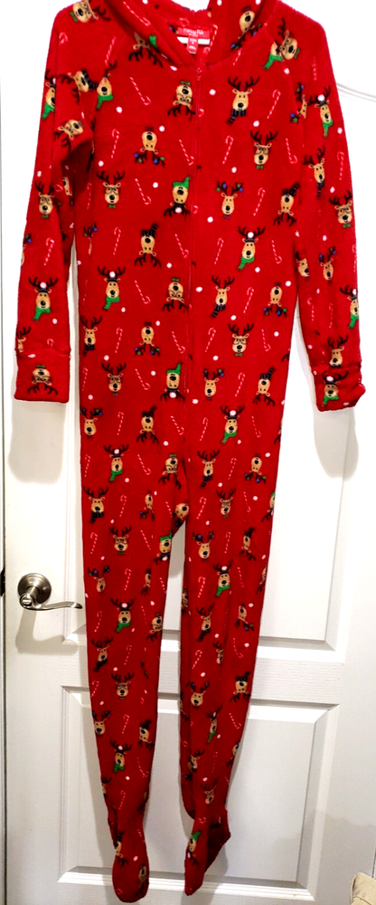 Missy Medium Red Reindeer Fleece Hooded Pajamas NWT Elf Sleeper