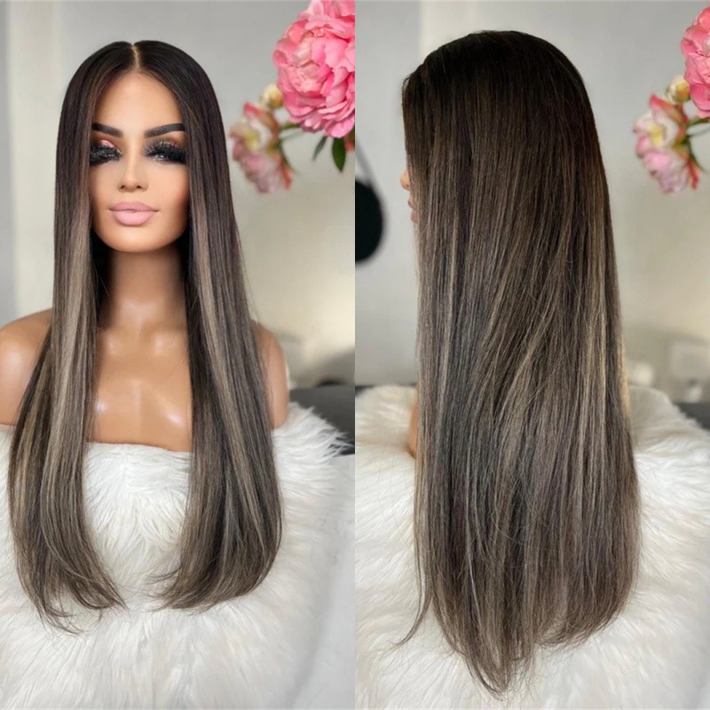 Dark Ash Brown Balayage Long Straight 13x4 Lace Front Human Hair Wig for Women
