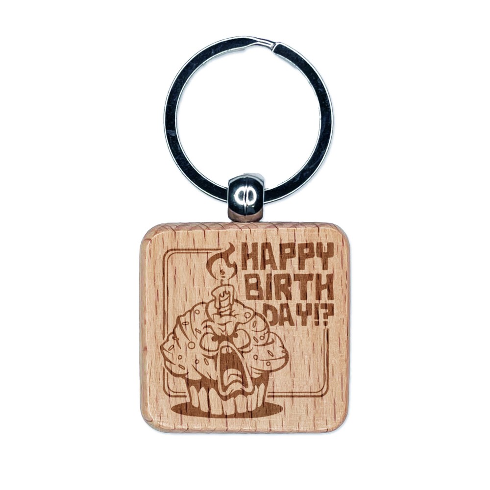 Happy Birthday Horrified Cupcake Engraved Wood Square Keychain Tag Charm