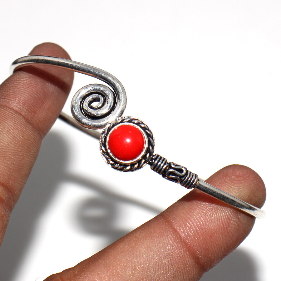 Red Coral 925 Silver Plated Gemstone Bangle FreeSize Women Jewelry JW