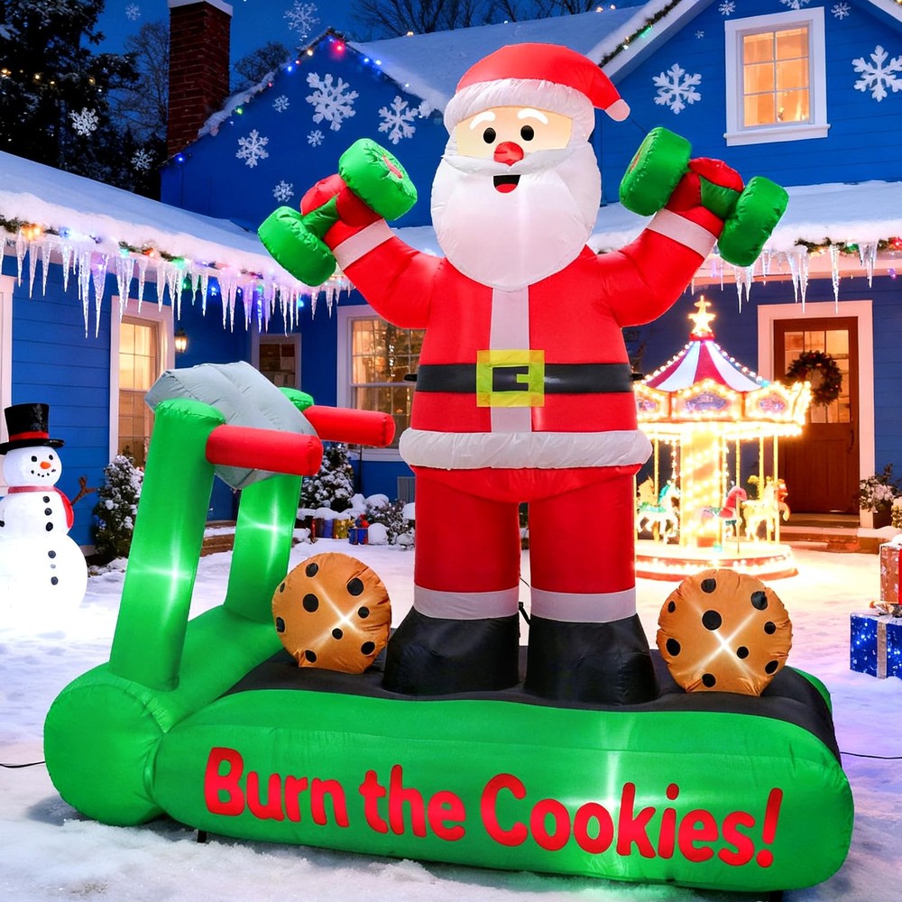 7 Ft Funny Santa On Treadmill Lighted Christmas Inflatables Outdoor Decorations