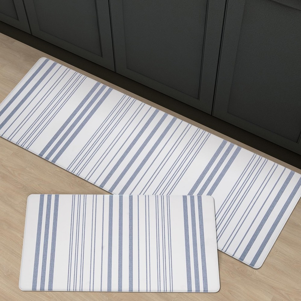 Freshmint Farmhouse Stripe Anti-Fatigue Kitchen Mat Set - 2 Cushioned Foam Mats for Comfort