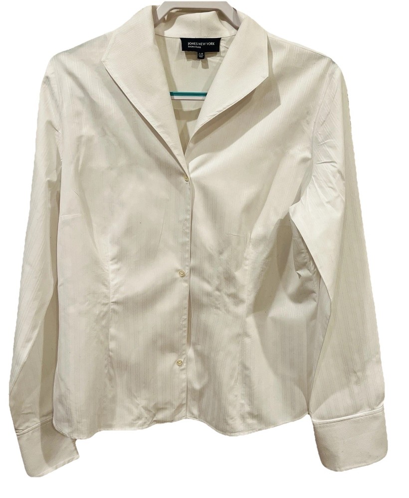Jones New York Women's  vertical stripes White Long Sleeve Blouse Size L