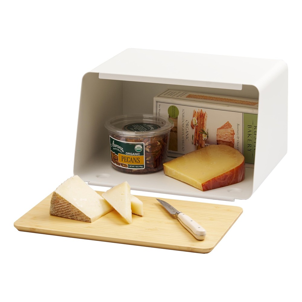 YAMAZAKI Home Tower Metal Bread Box w/ Removable Bamboo Cutting Board Lid