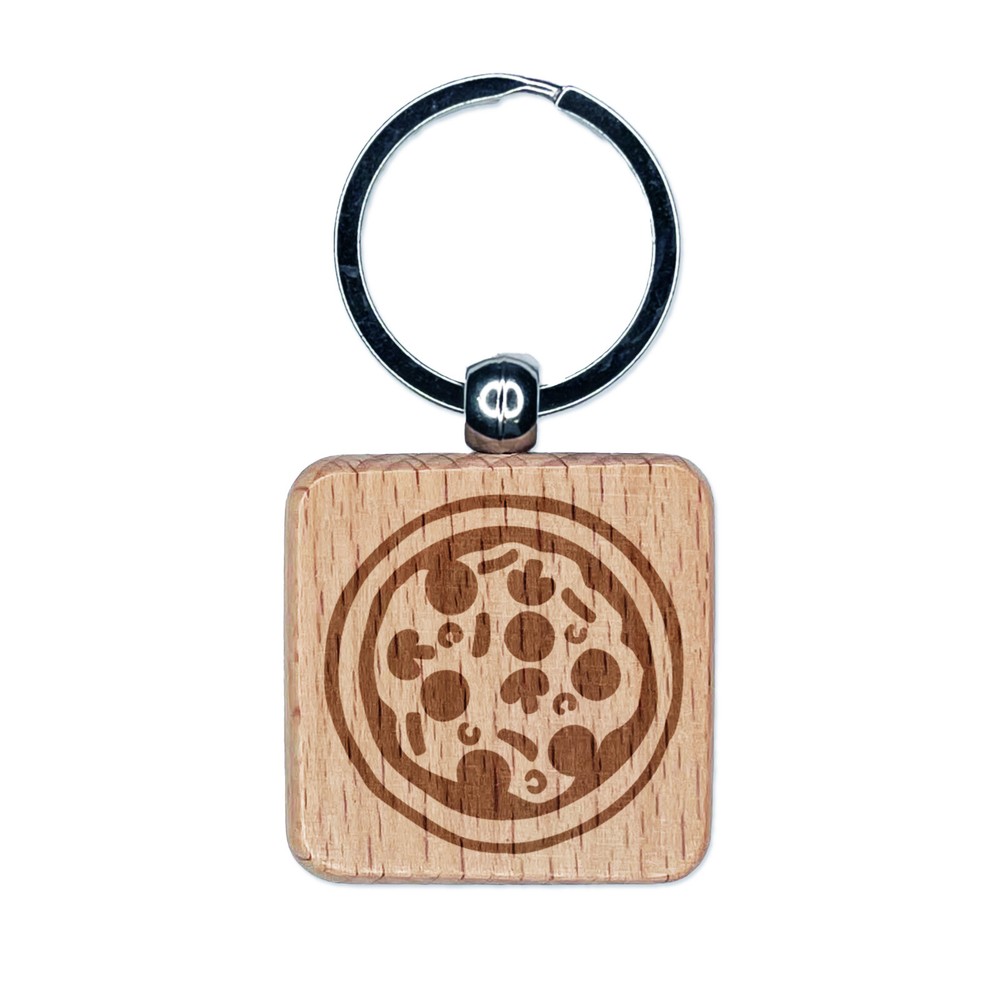 Pizza Pie Tasty Engraved Wood Square Keychain Tag Charm