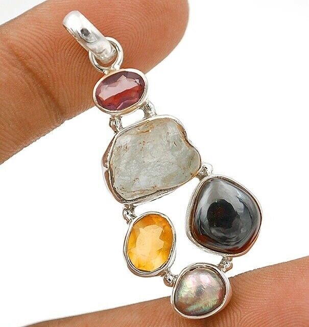 Natural Rough Aquamarine & Multi Gemstone 925 Sterling Silver Pendant
