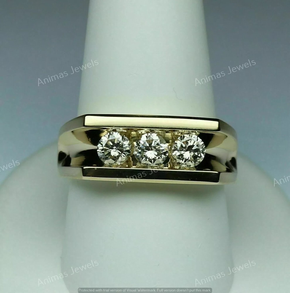 1 CT Men's 3-Stone Round Moissanite Ring in 14K Gold Plated Silver