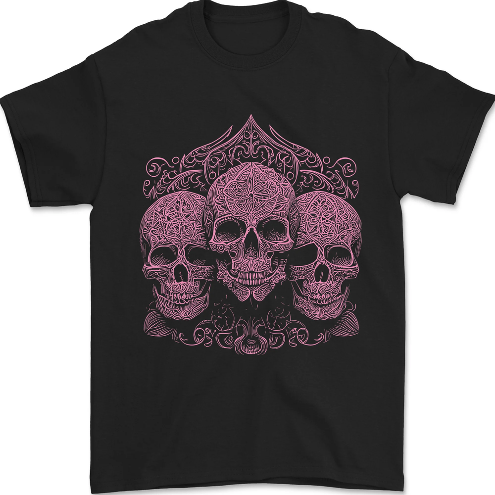 3 Ornate Pink Skulls Gothic Goth Mens T-Shirt 100% Cotton
