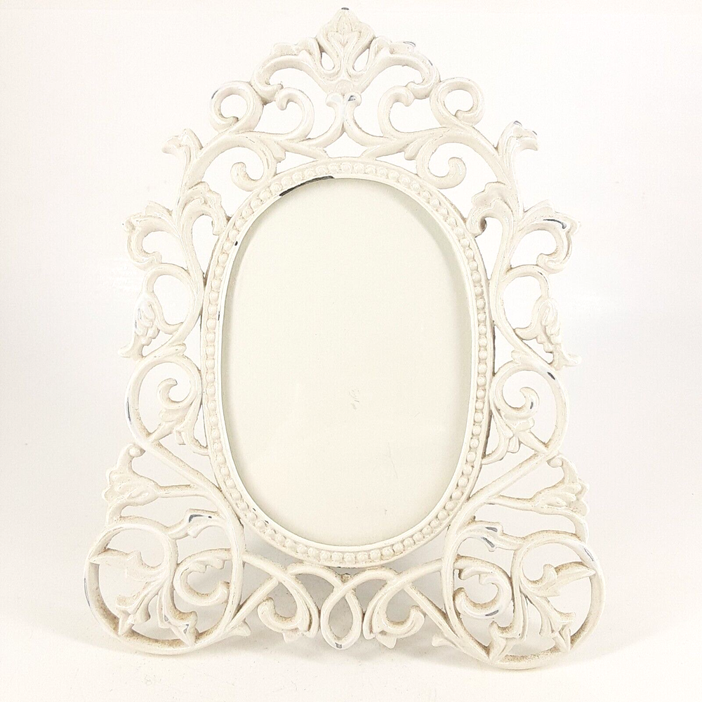 Ivory Color Open Scroll Enamel Table Picture Photo Frame Lightly Destressed