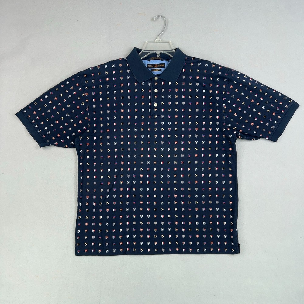 Tommy Hilfiger Shirt Mens XL Navy Blue Polo Graphic Flag Print AOP Preppy Yacht