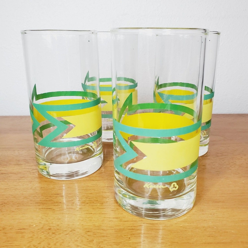 MCM Karen Drinking Glasses Yellow Green Arrow Glassware Mid Mod Tumblers x4