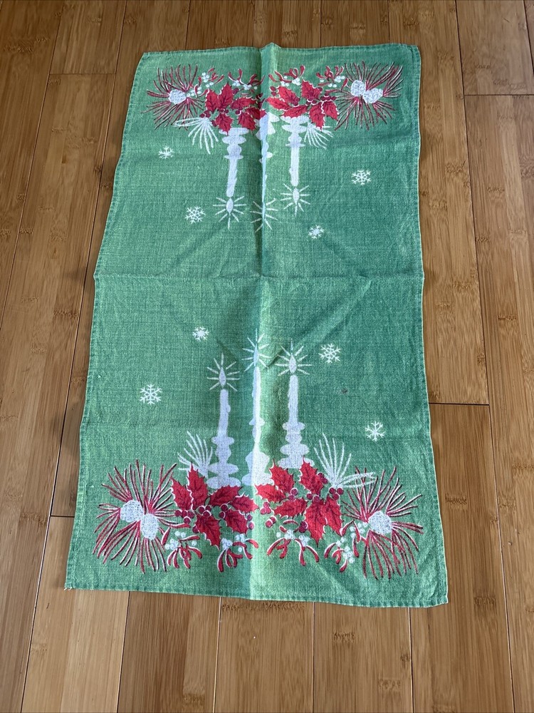Vintage Printed Linen Kitchen Tea Towel Christmas Angels & Trees MCM 1960s