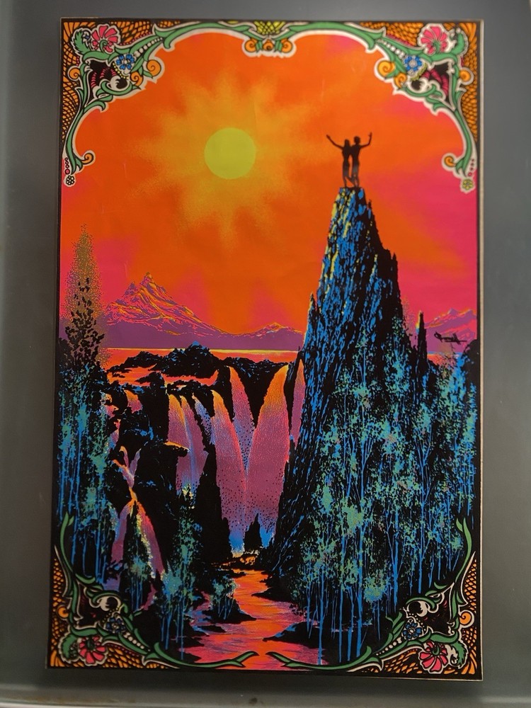 Vintage 1970s Blacklight Poster - The Garden - Flocked Velvet - Original