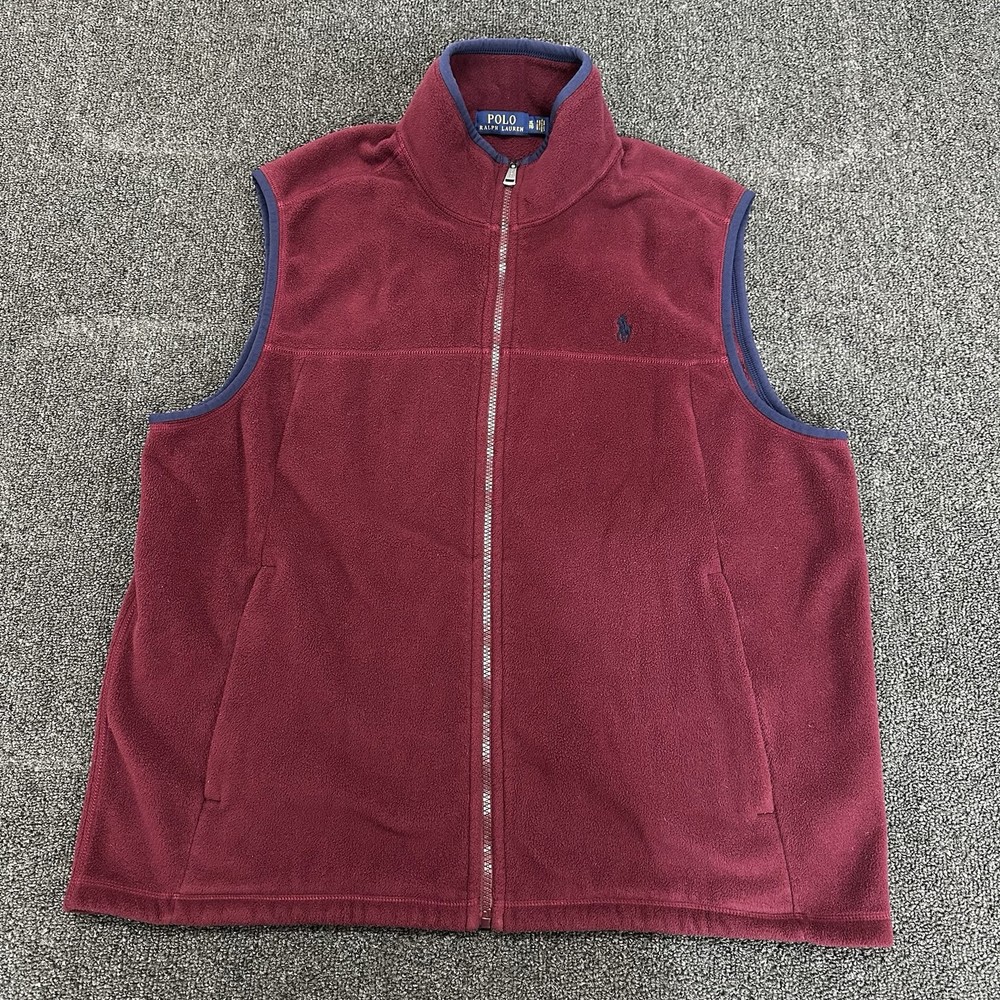 Polo Ralph Lauren Vest Mens XL Burgundy Fleece Full Zip Pockets