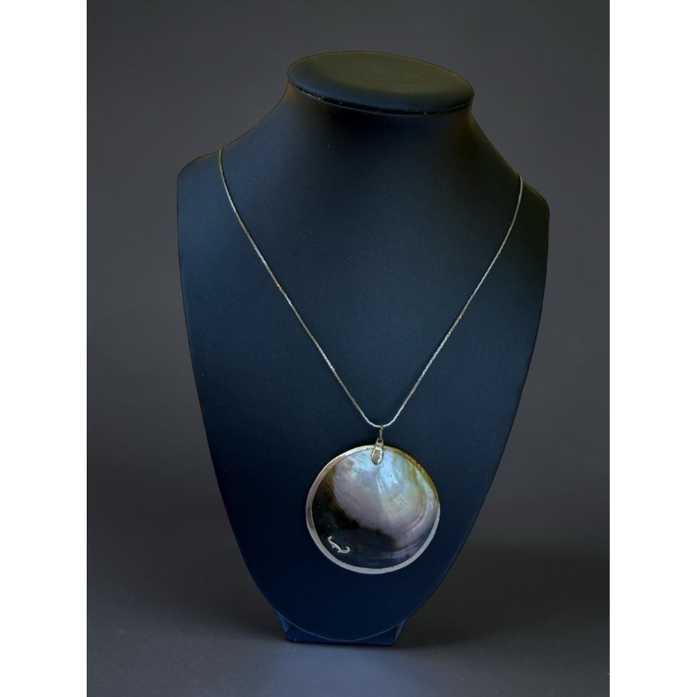 Vintage Abalone Mother of Pearl Disc Pendant Necklace Gold Tone Chain Lg. Shell