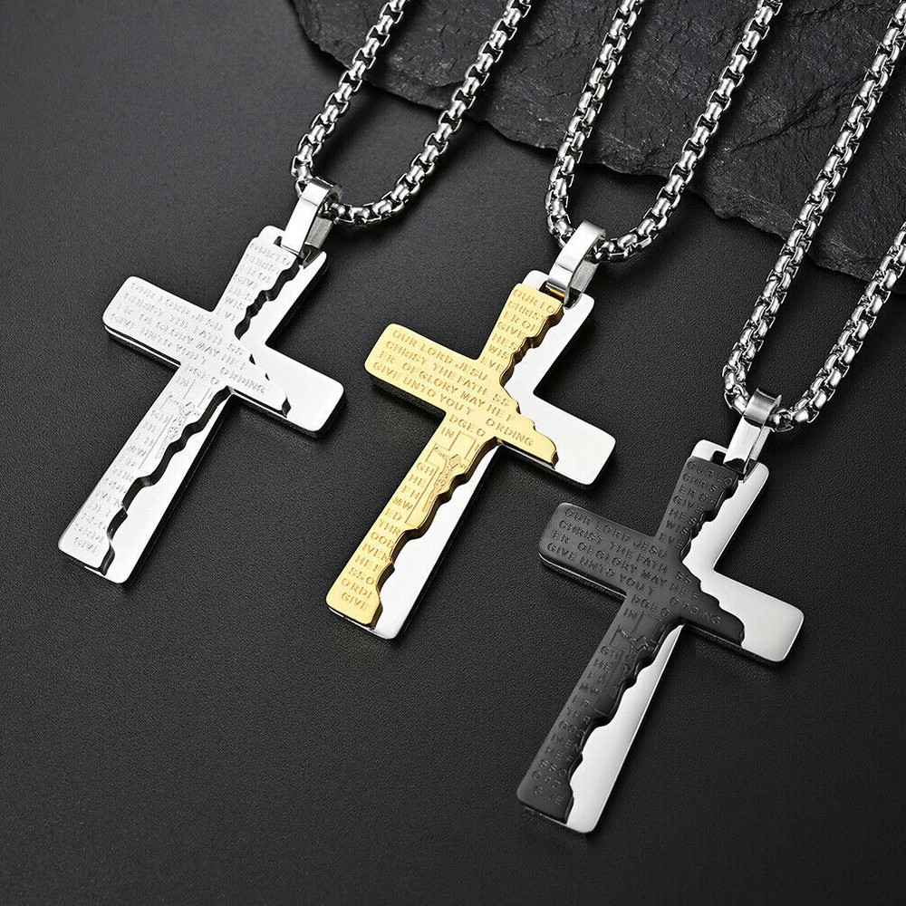 Cross Necklace for Men Stainless Steel Lord's Prayer Christ Crucifix Pendant
