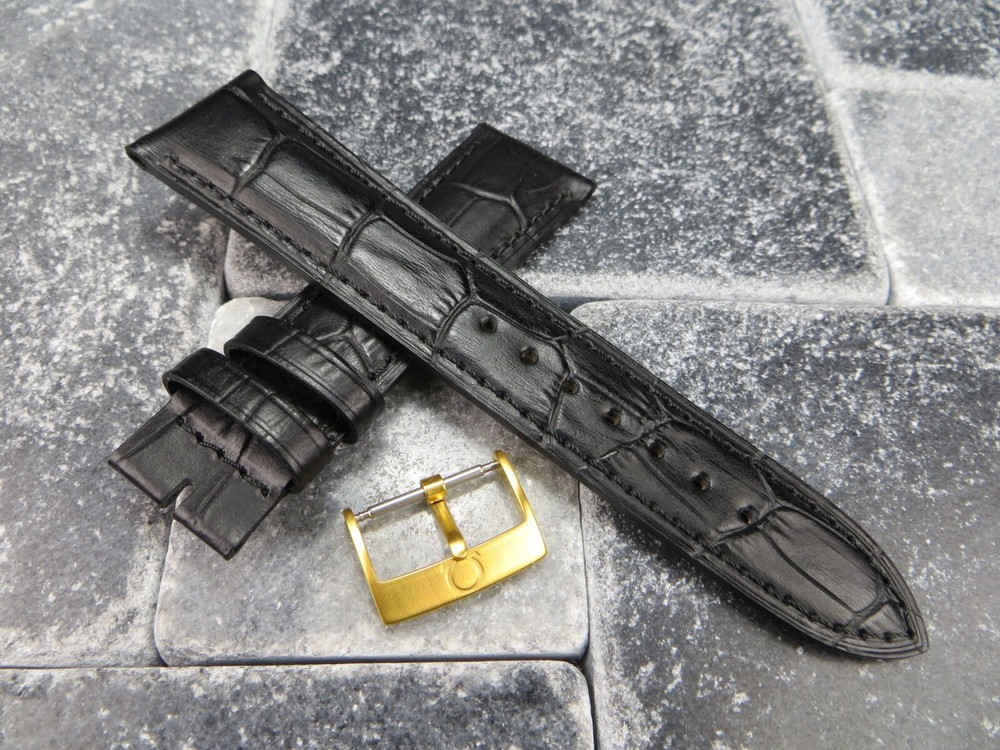 19mm Leather Strap I Black Watch Band with OEM OMEGA Gold Plate Buckle Set Brush