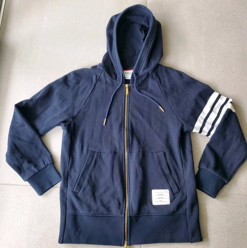 THOM BROWNE Navy 4-Bar Zip Hoodie in Cotton Size 2