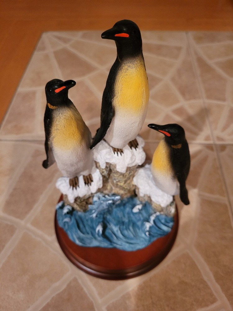 Penguins on Ice with Jumping Fish on Wood Base Mint Design