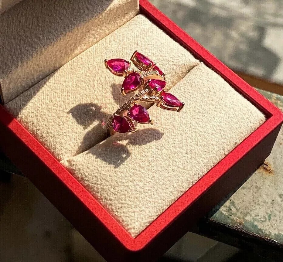 Pear Cut Simulated Pink Ruby Stunning Wedding Band Ring In 14k Rose Gold Plated