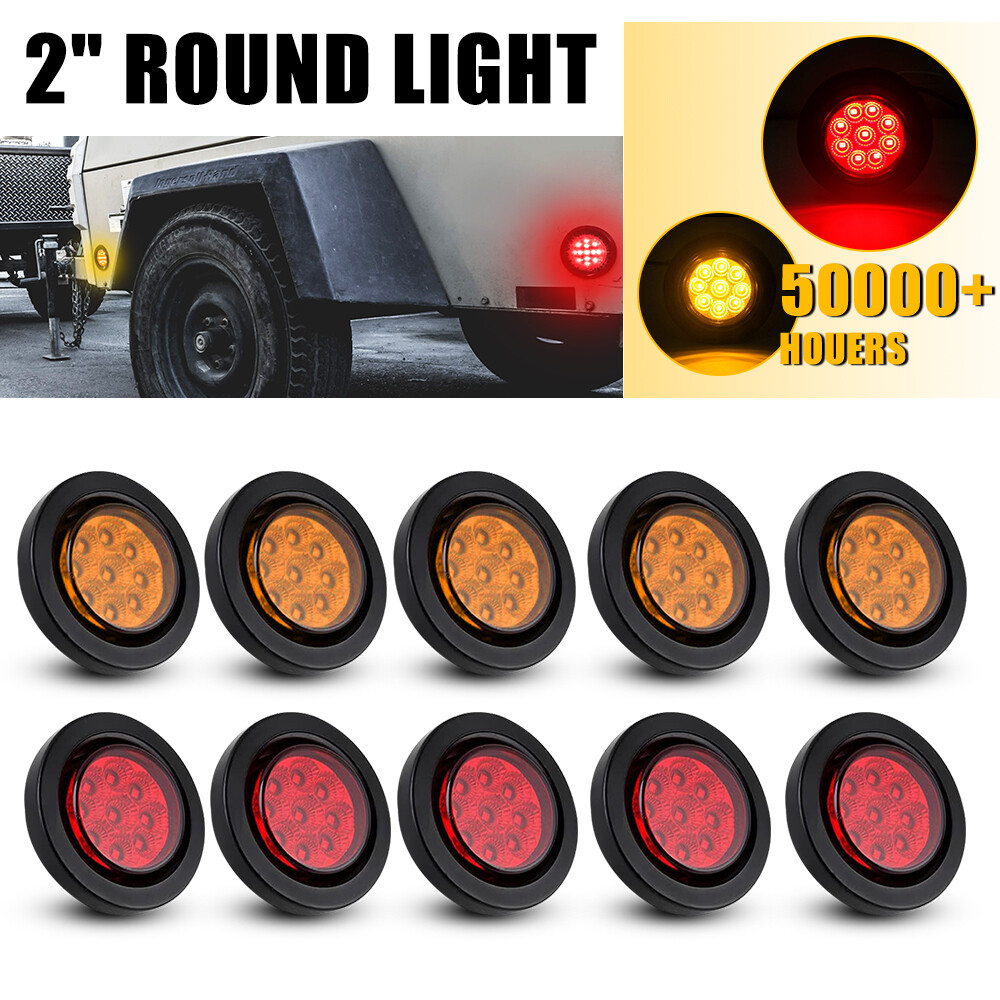 10x 2 Inch Round Red Amber 9 LED Side Marker Lights for Trucks Trailers RVs