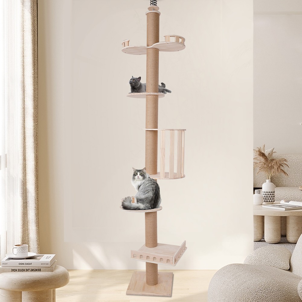 Tall Wood Cat Tower Climbing Tree with Scratching Posts Activity Center 100-104 Inches