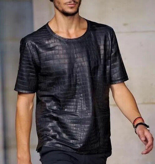 Men Stylish Genuine Lambskin Leather T-Shirt Crocodiles Pattern Summer