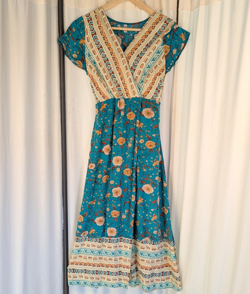 Lapis Sz M Cotton/Rayon Empire Floral Aztec Boho Front Wrap Midi Dress