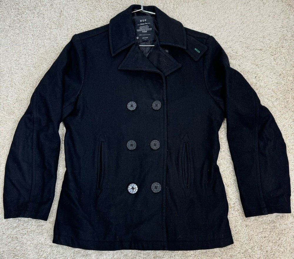 HUF Dirtbag Crew Men's Navy Wool Peacoat Size M Classic Fit Lined Warm