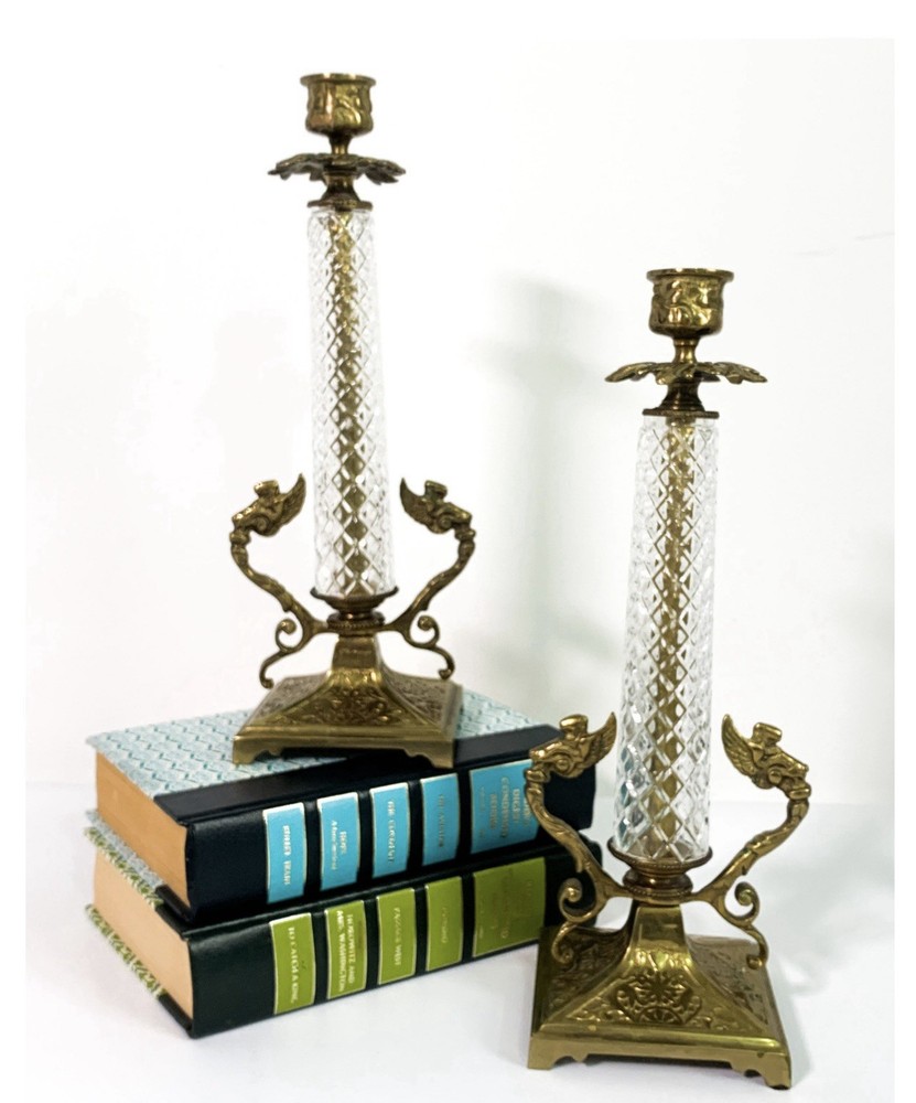 Vintage Brass & Crystal Candleholders MCM Hollywood Regency Ornate W Angels