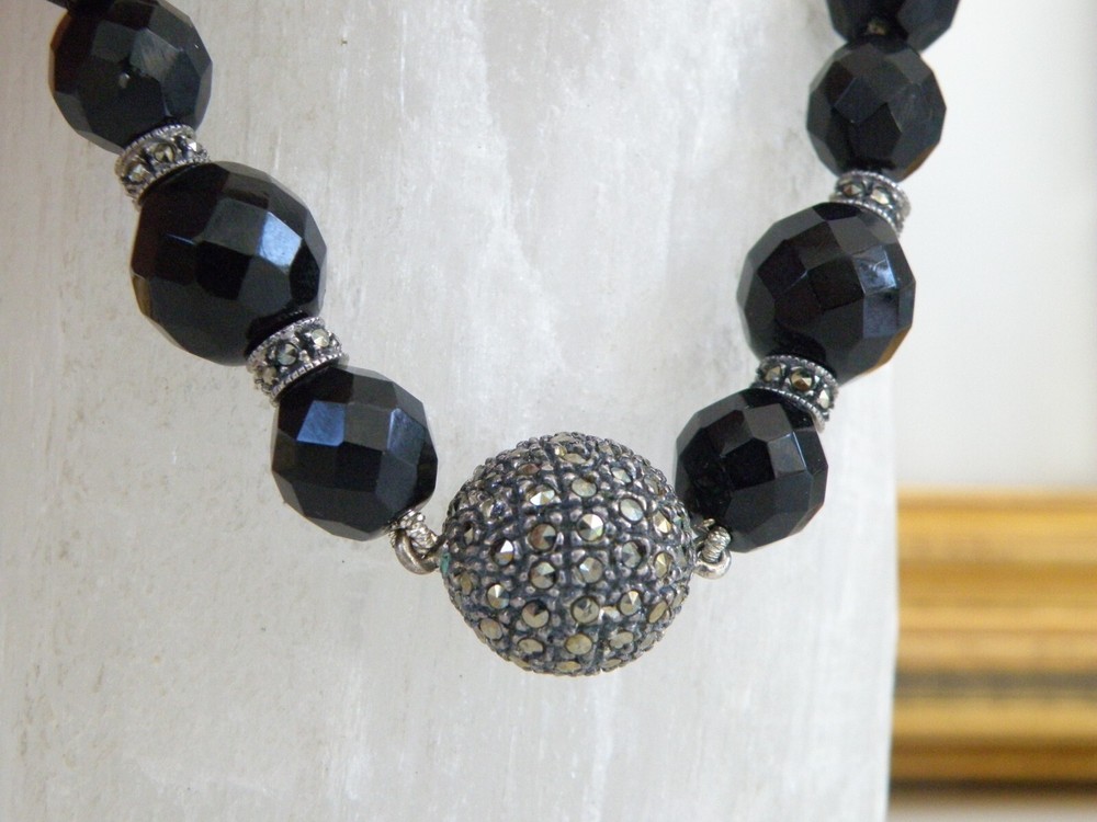 Vintage Sterling Silver 925 Black Onyx Art Deco Choker Necklace 15.5