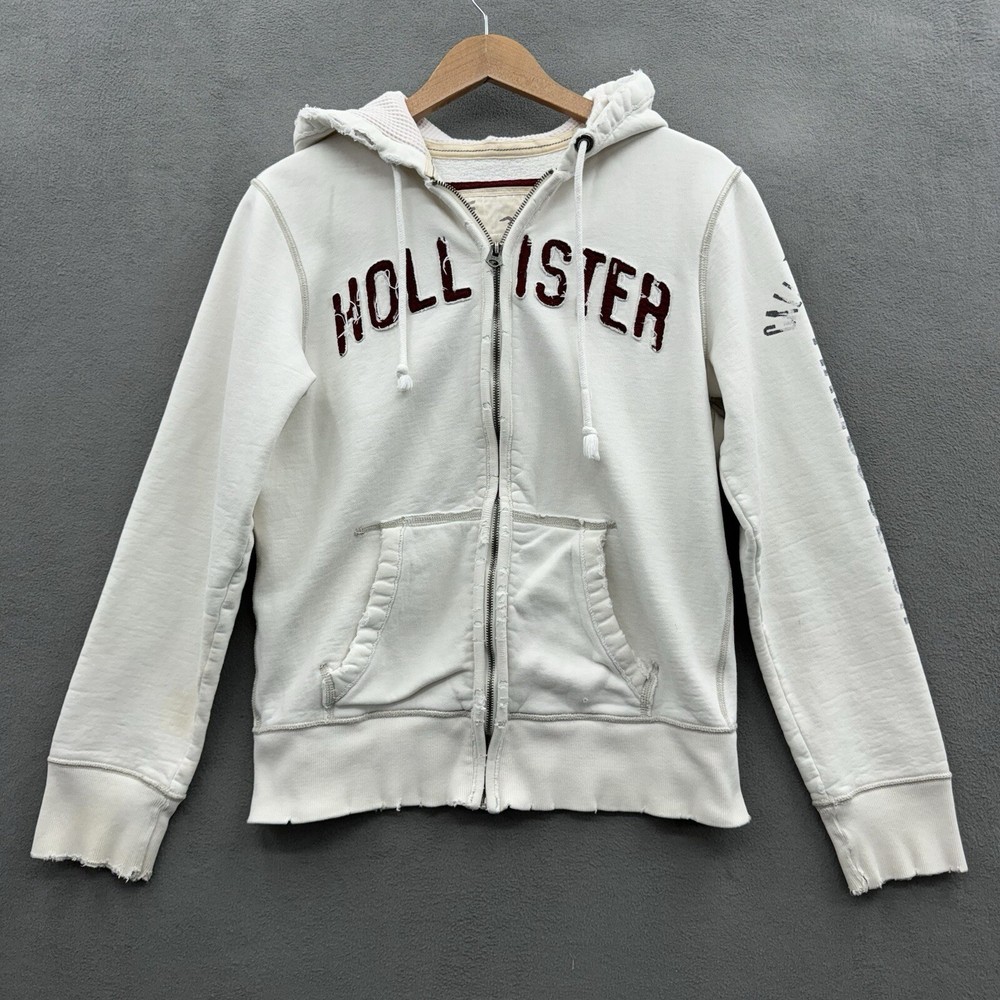 Vintage Hollister Mens Small White Distressed Zip Hoodie Sweatshirt