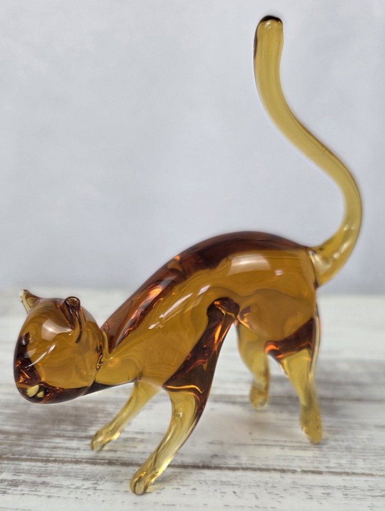 Vintage MCM Pilgrim Glass Amber Kitten Cat Figurine Art Glass