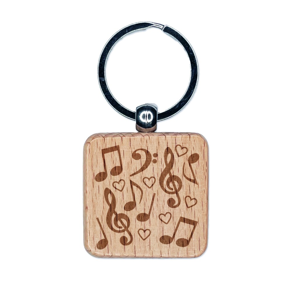 Music Notes and Hearts Engraved Wood Square Keychain Tag Charm
