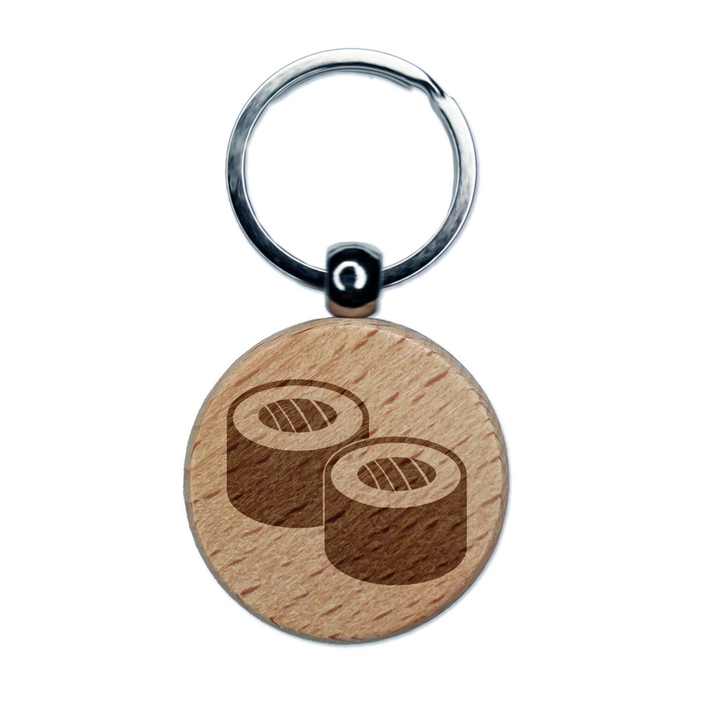 Sushi Roll Pair Engraved Wood Round Keychain Tag Charm