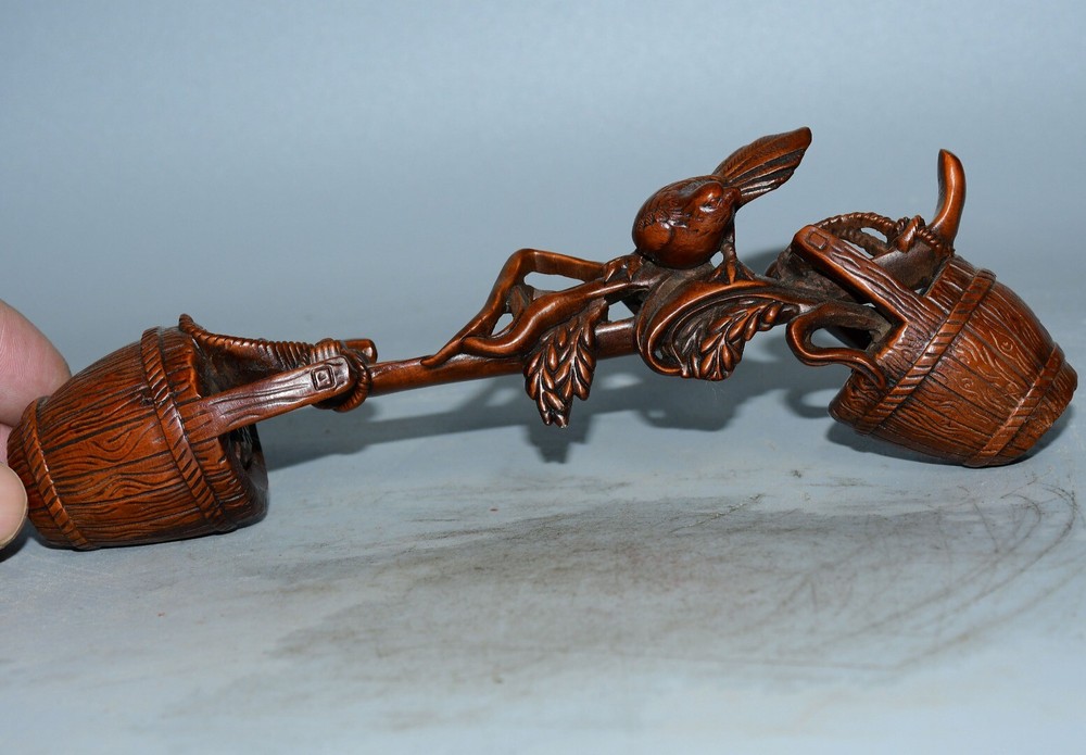 Antique Hand Carved Boxwood Birds Wooden Barrel Statue Decor Figurine