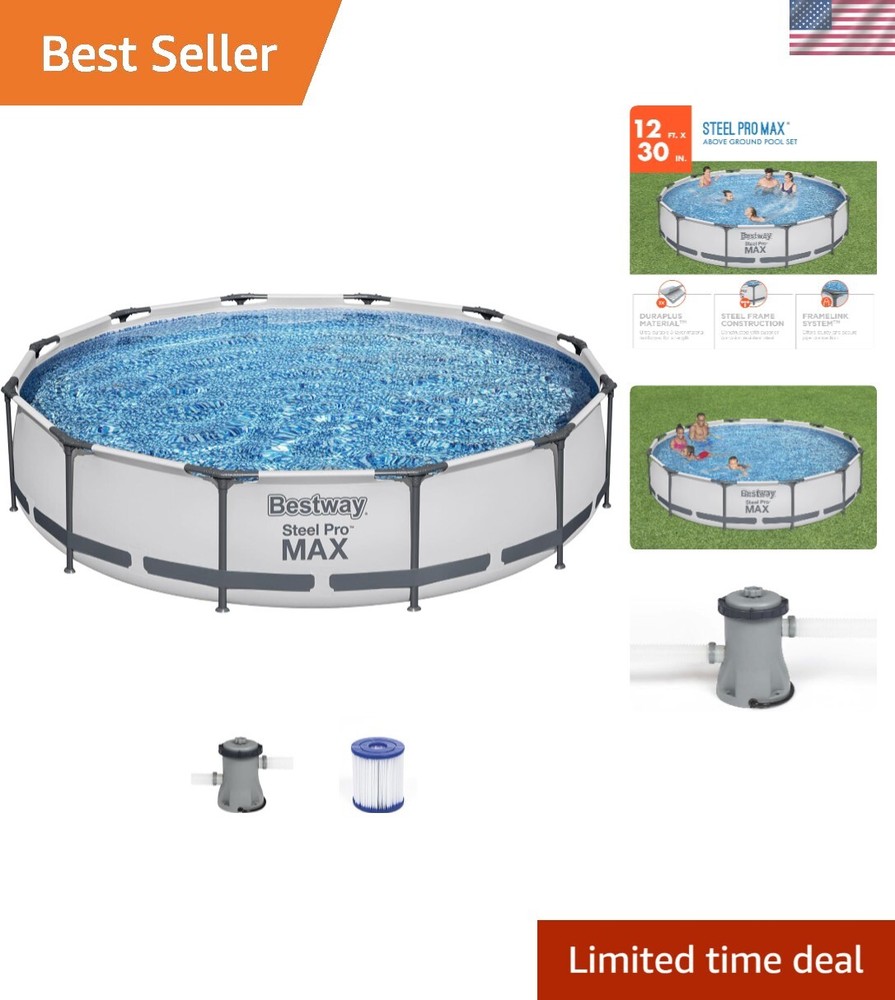 12 Foot x 30 Inch Round Metal Frame Above Ground Outdoor Backyard Swimming Po...