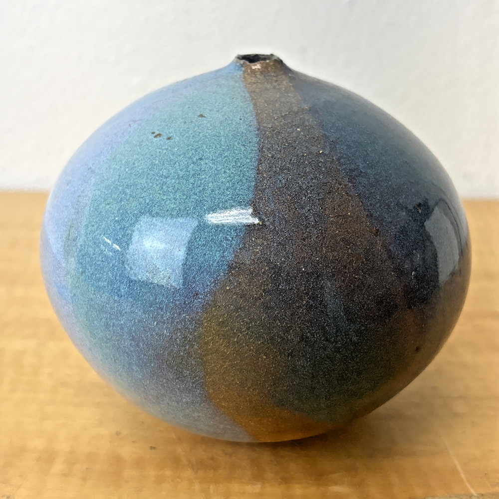 Pat Sherman (?) Ceramic Bud Vase - Blue, Brown, and Red Clay