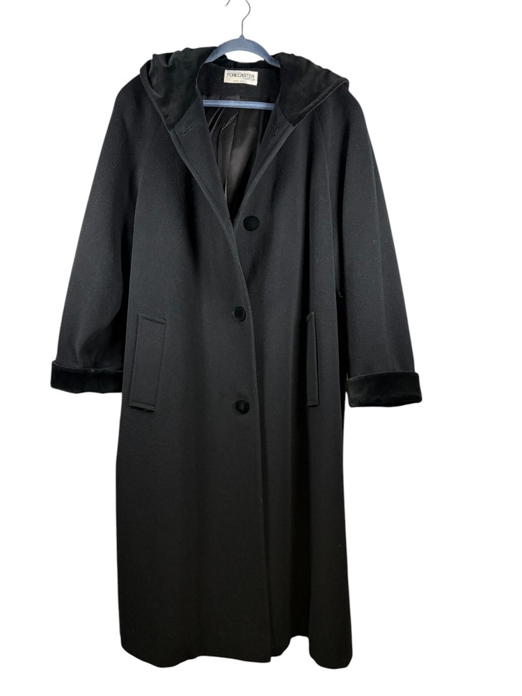 Vtg Y2K Forecaster Of Boston Black Pure Wool Long HoodedTrench Coat Sz 20