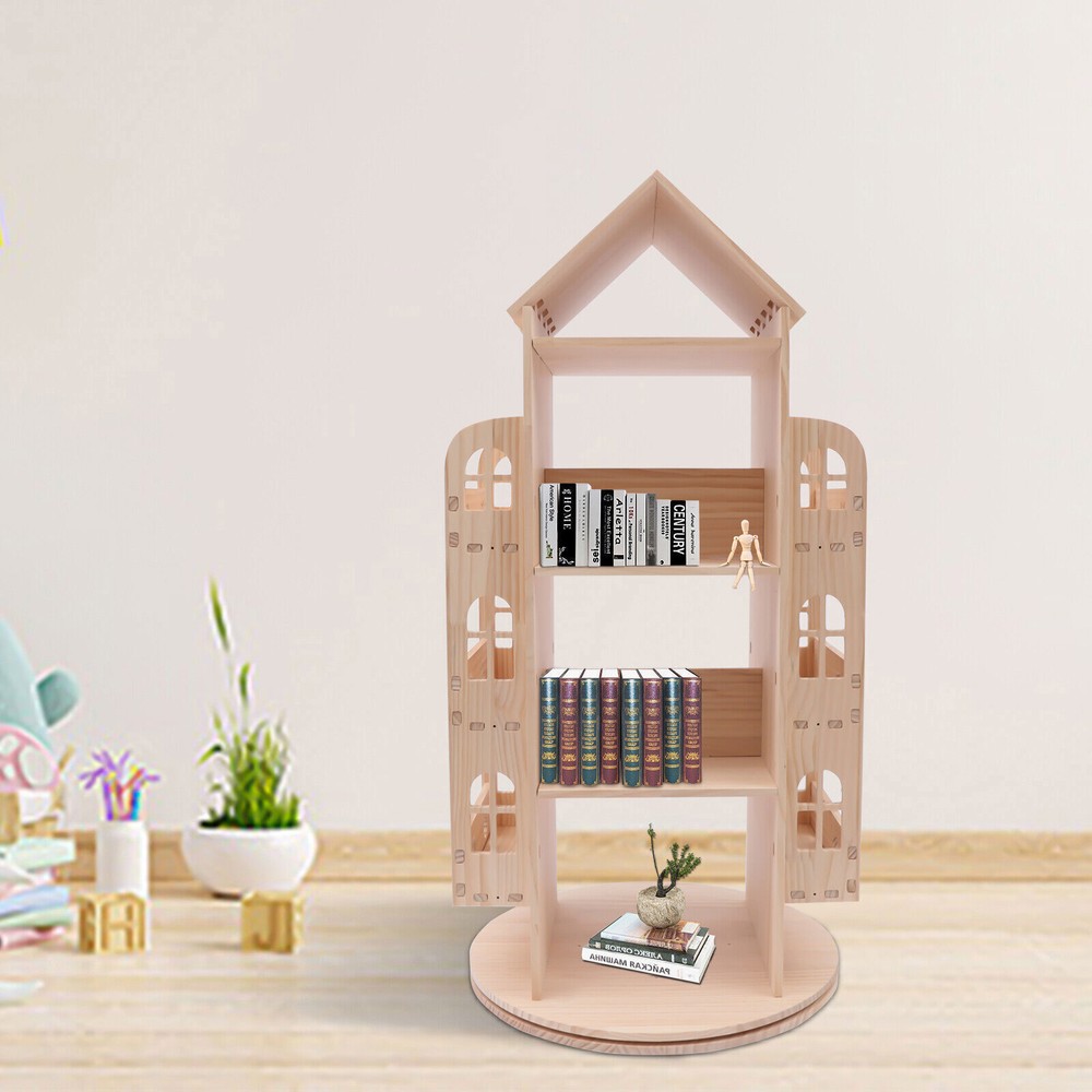 360° Rotating Wood Bookshelf Floor Standing Storage Rack for Kids Books