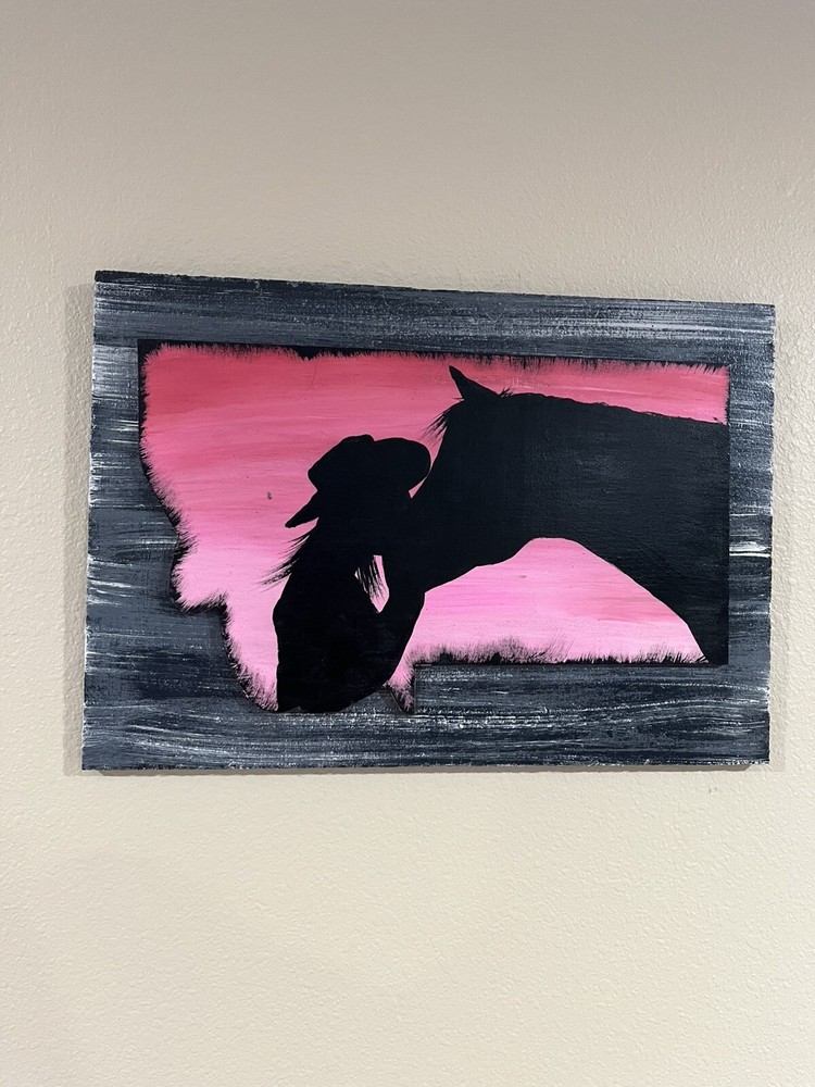 horse and cowgirl painting, silhouette, pink, montana