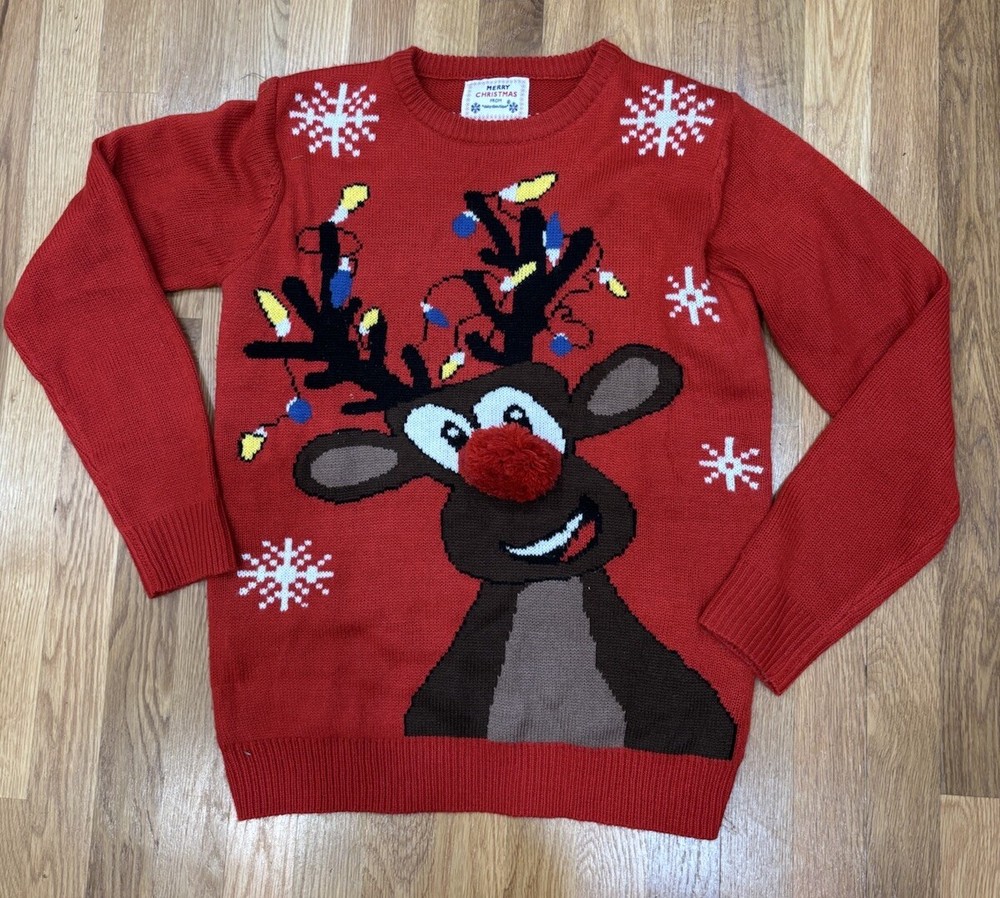 Daisy's Boutique Big Nose Reindeer Ugly Red Christmas  Sweater Size Medium