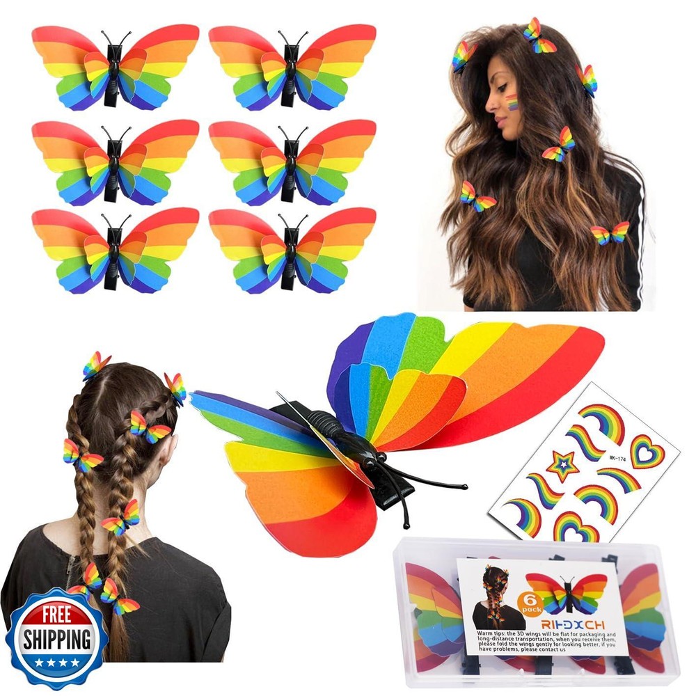 6 Piece Rainbow Butterfly Hair Clips for Pride Day-image
